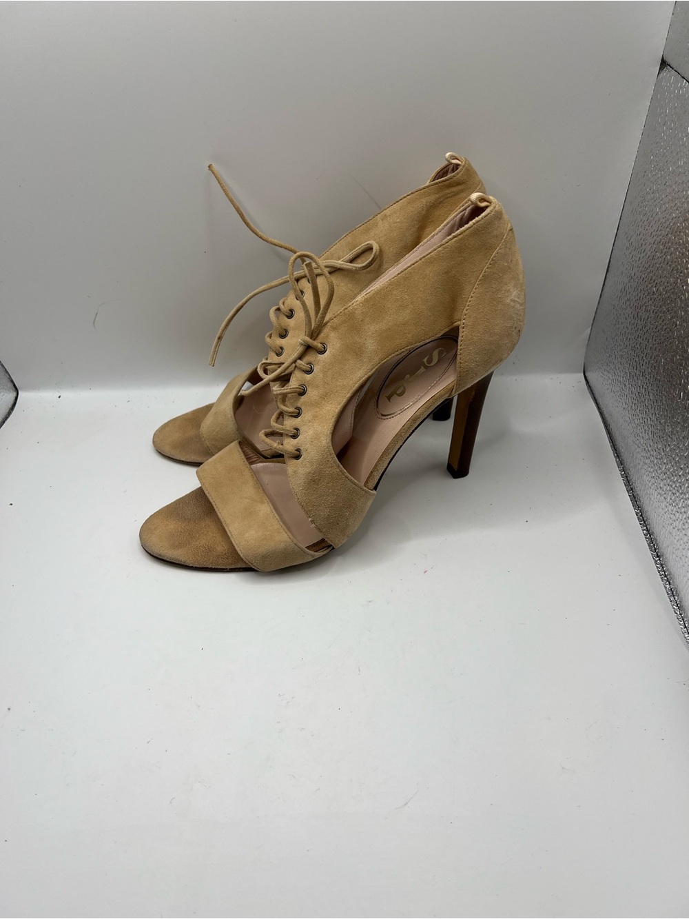 SJP by Sarah Jessica Parker‎ Tan Suede Lace-Up Open-Toe Heels